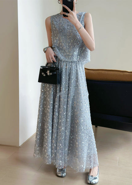 New Grey Lace Up Sequins Tops And Skirts Two Pieces Set Sleeveless QP049 OL-TPIEC241001