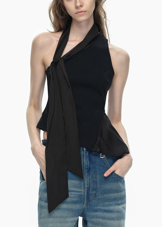 Stylish Black One Shoulder Bow Patchwork Cotton Blouse Tops Sleeveless EE002 shopify