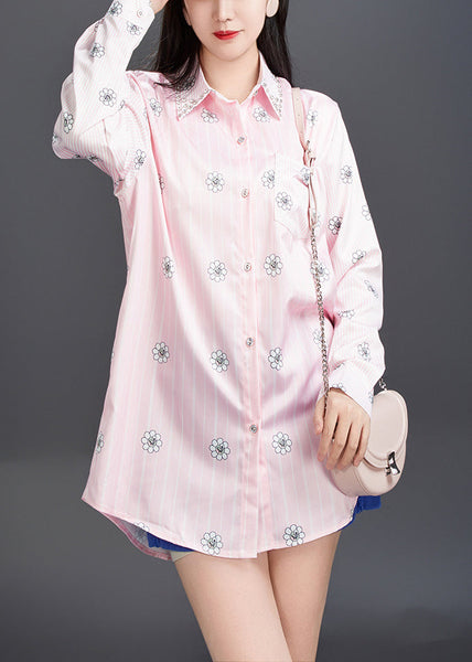 Art Pink Peter Pan Collar Print Cotton Shirt Fall AJ1006 JDML-240909