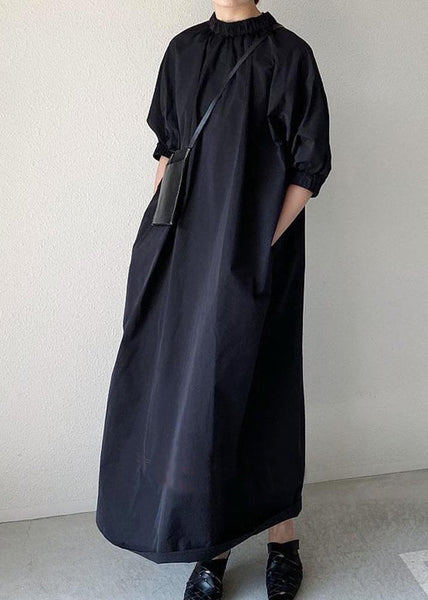 Navy Back Zippered Dress Half Women Cotton Maxi Sleeve FashionChic