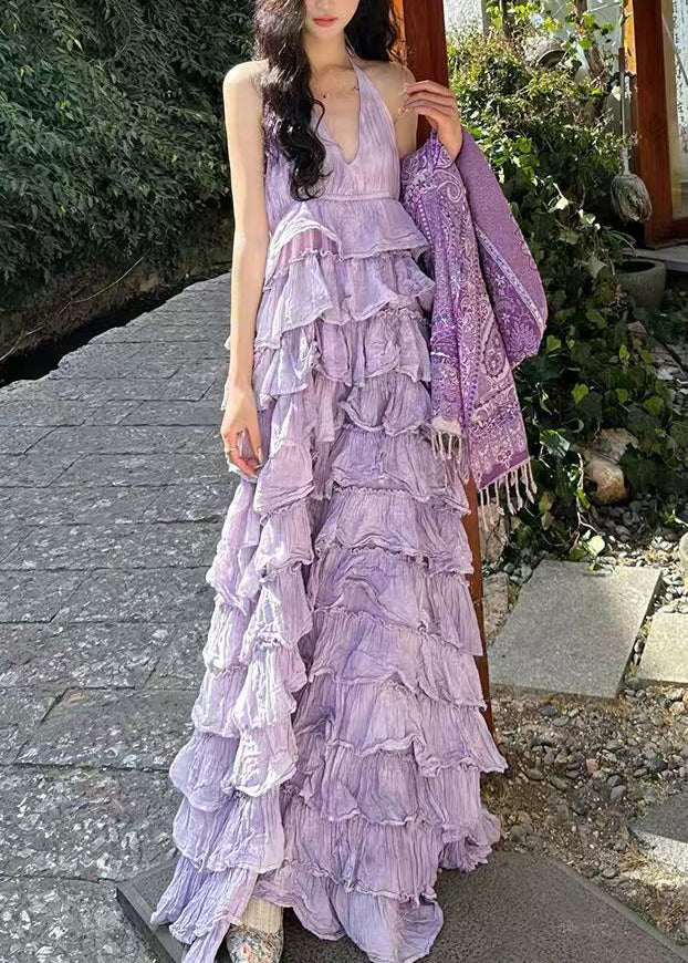 Dresses Maxi Sexy Neck Sleeveless Cotton Purple V Backless FashionChic