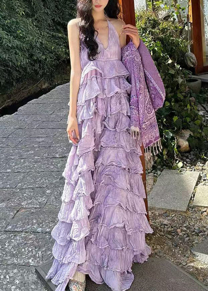 Dresses Maxi Sexy Neck Sleeveless Cotton Purple V Backless FashionChic