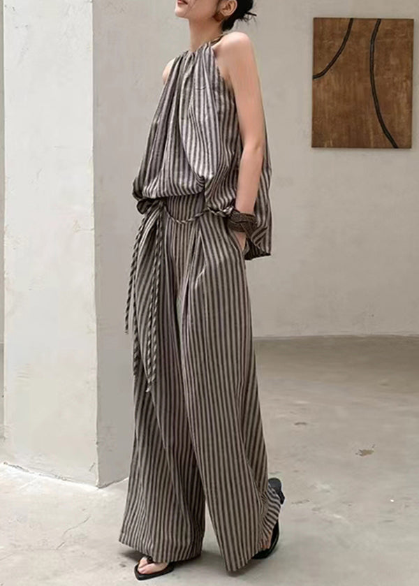 French Fashion Coffee Striped Top Wide Leg Pants Two Piece Set Summer EE055 shopify