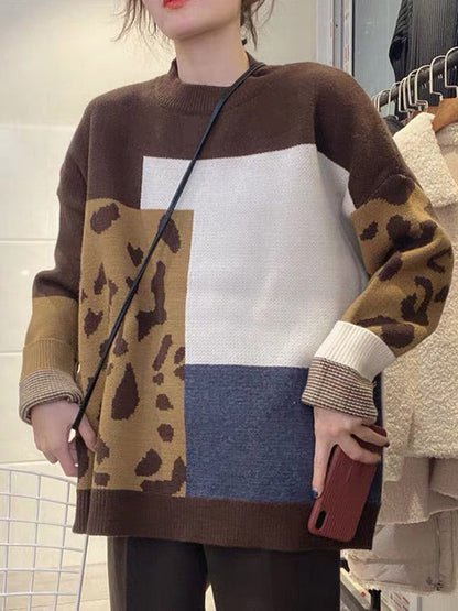 Original Brown Round-Neck Contrasting Color Blocks Leopard Long Sleeve Sweater AN1048 Genistyle Shop