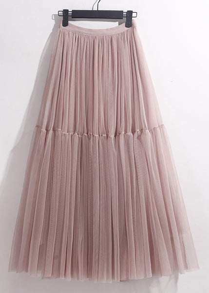 Waist Patchwork Tulle Pink Loose Skirt High Summer Pleated FashionChic
