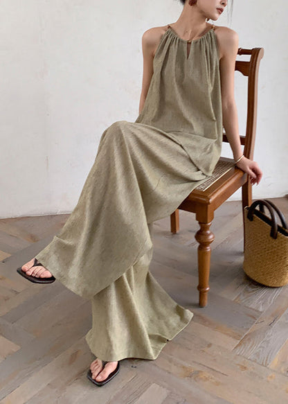 French Green Tops And Pants Linen Two Pieces Set Sleeveless EE037 shopify