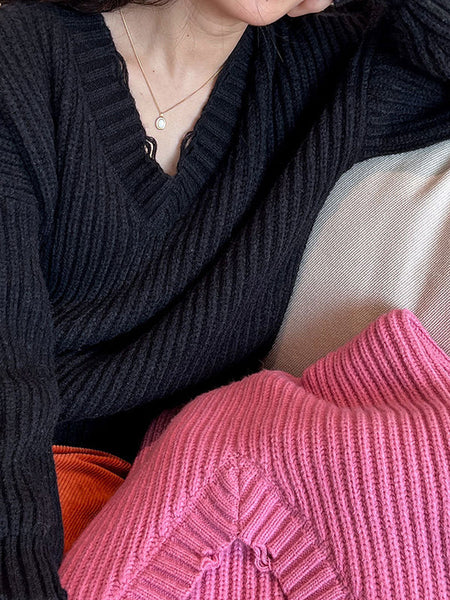 Urban Fuchsia V-Neck Long Sleeve Knit Sweater AN1046 Genistyle Shop