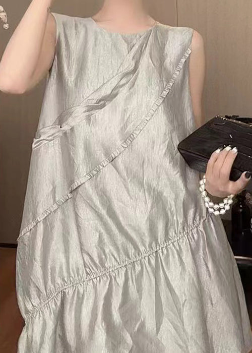 New Grey O Neck Solid Cotton Mid Dress Sleeveless QP035 OL-SDM241001