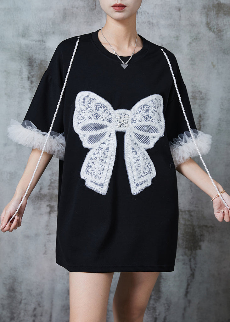 Modern Black Bow Embroideried Patchwork Cotton Tops Summer PZGY-STP240826