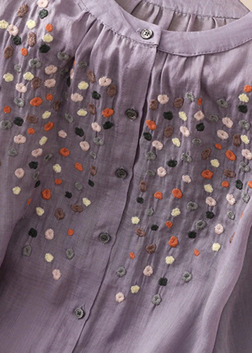 Grace Purple O Neck Embroideried Side Open Linen Blouse Spring QB032 GSK-241025