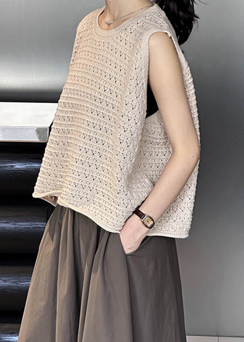 Khaki Hollow Out Cozy Loose Knit Vest O Neck Fall AF1010 HS-VTP240914