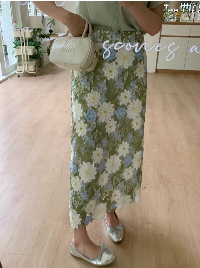 Floral Green Straight Elegant Embroidery Skirt FashionChic