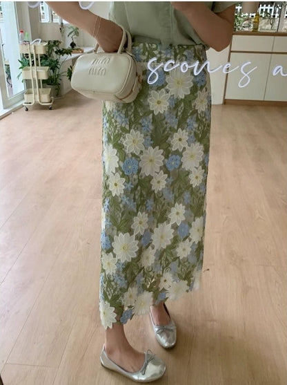 Floral Green Straight Elegant Embroidery Skirt FashionChic
