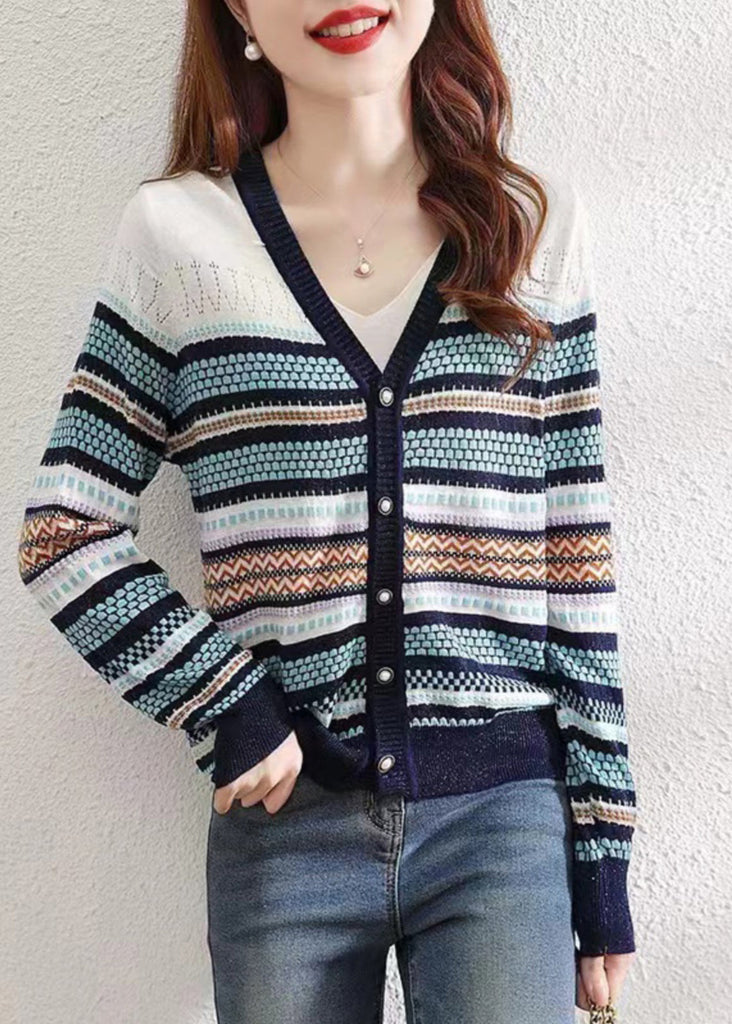 Women Colorblock V Neck Striped Patchwork Button Knit Cardigans Fall QP010 OL-NCT241001