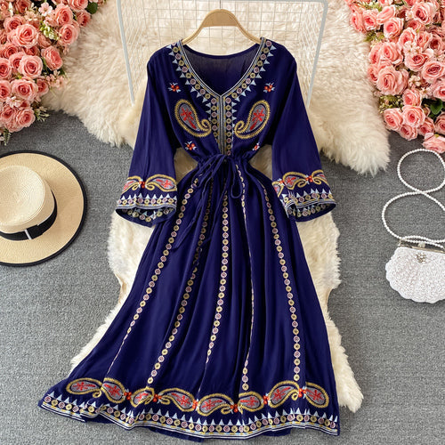 Vintage Green V-neck Tie Waist Flower Embroidery Three-quarter Sleeve A-line Dress AR1022 shopify