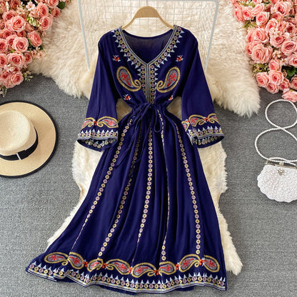 Vintage Green V-neck Tie Waist Flower Embroidery Three-quarter Sleeve A-line Dress AR1022 shopify
