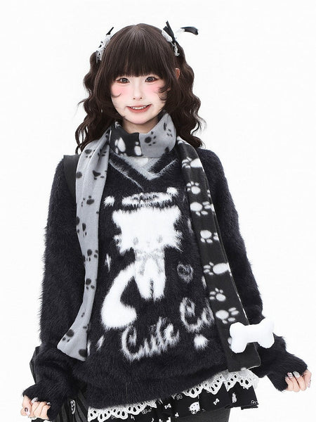 Pink/Black Daily with Cat Letter Kawaii V-neck in Sweater Pattern FashionChic