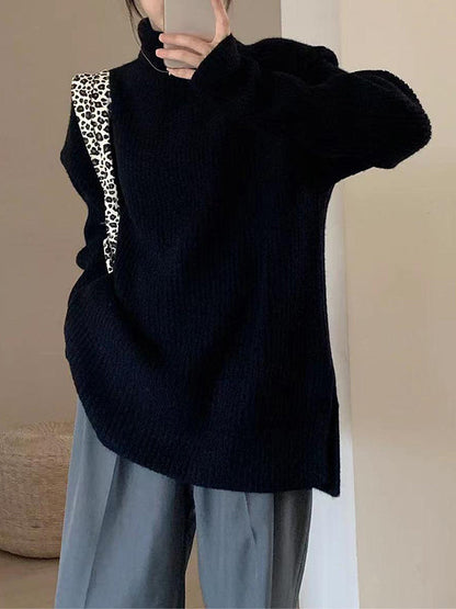 Simple Blue High Neck Split-Side Long Sleeve Sweater QX013 shopify