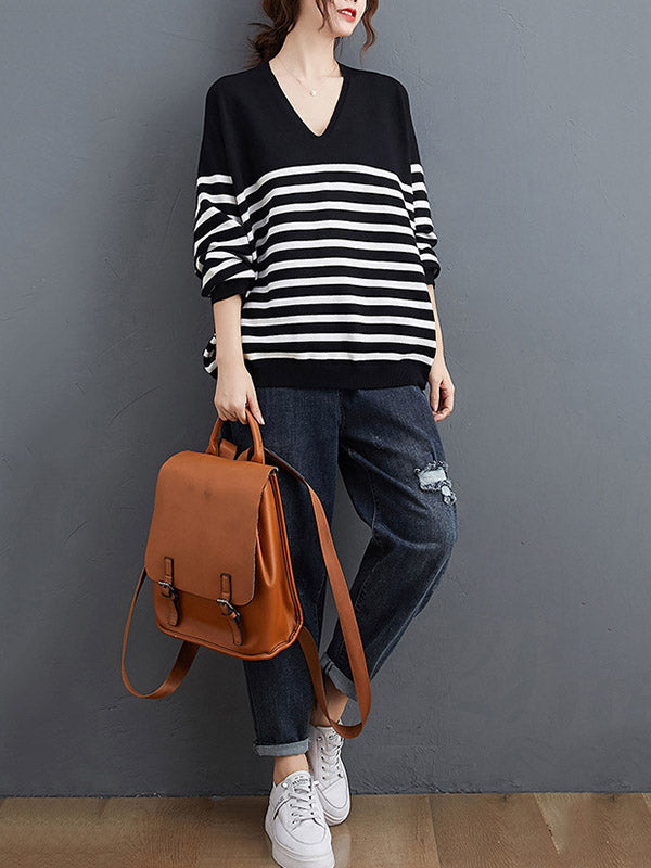 Casual Loose Black V-Neck Contrast Color Striped Long Sleeve Knit Sweater AN1035 Genistyle Shop