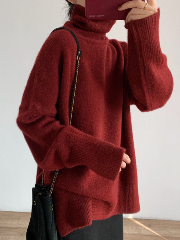 Casual Red High Neck Split Hem Long Sleeve Sweater AN1056 Genistyle Shop