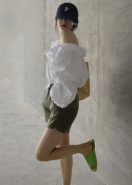 Cold Blouse Puff Sleeve French Shoulder Cotton White Top FashionChic