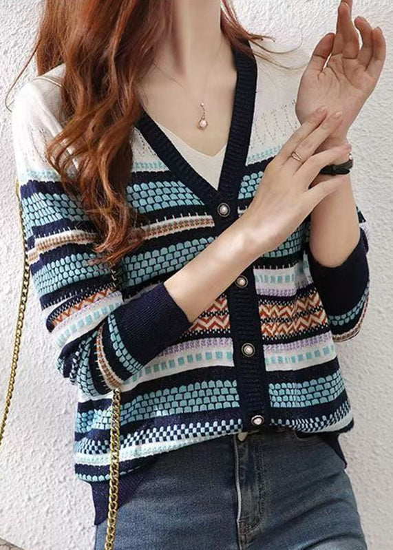 Women Colorblock V Neck Striped Patchwork Button Knit Cardigans Fall QP010 OL-NCT241001