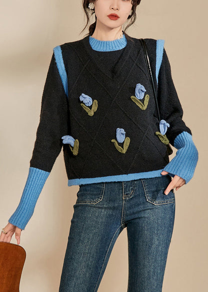 Casual Blue O-Neck Patchwork Cotton Knit Sweaters Winter WV005 ABC