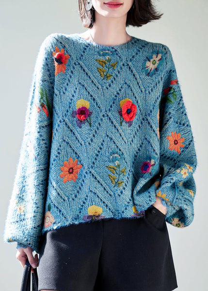 Floral Blue O-Neck Hollow Out Knit Sweaters Fall QC032 shopify
