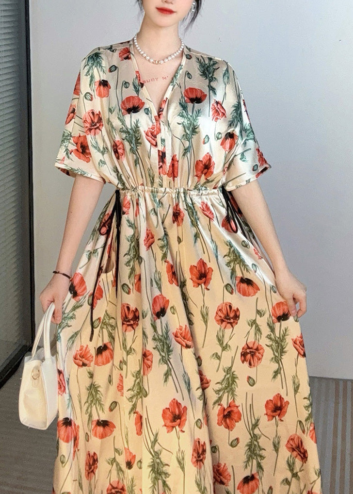 Handmade Apricot V Neck Print Cinched Holiday Long Dress Summer AO1028 JDML-SDL240909
