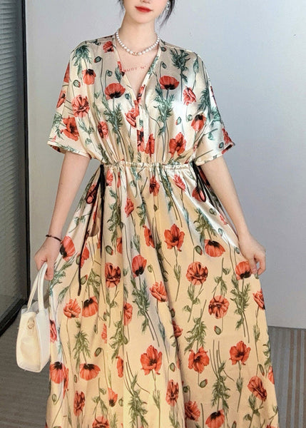 Handmade Apricot V Neck Print Cinched Holiday Long Dress Summer AO1028 JDML-SDL240909