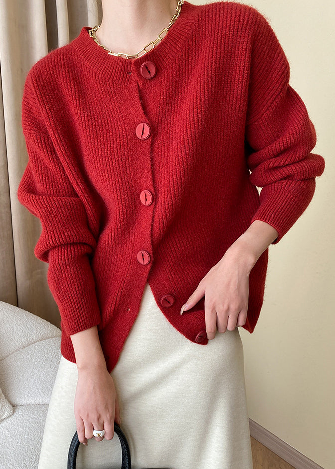 Loose Red Button Solid Knit Coats Fall AF1036 HS-NCT240914