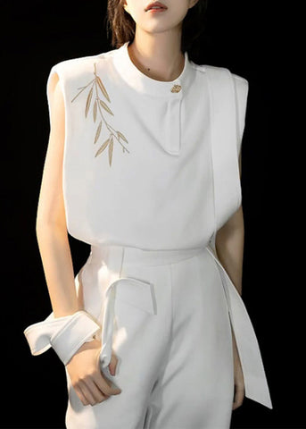 Chinese Style White O-Neck Embroidered Floral Top And Straight Pants Two Piece Set Summer TT1014 shopify