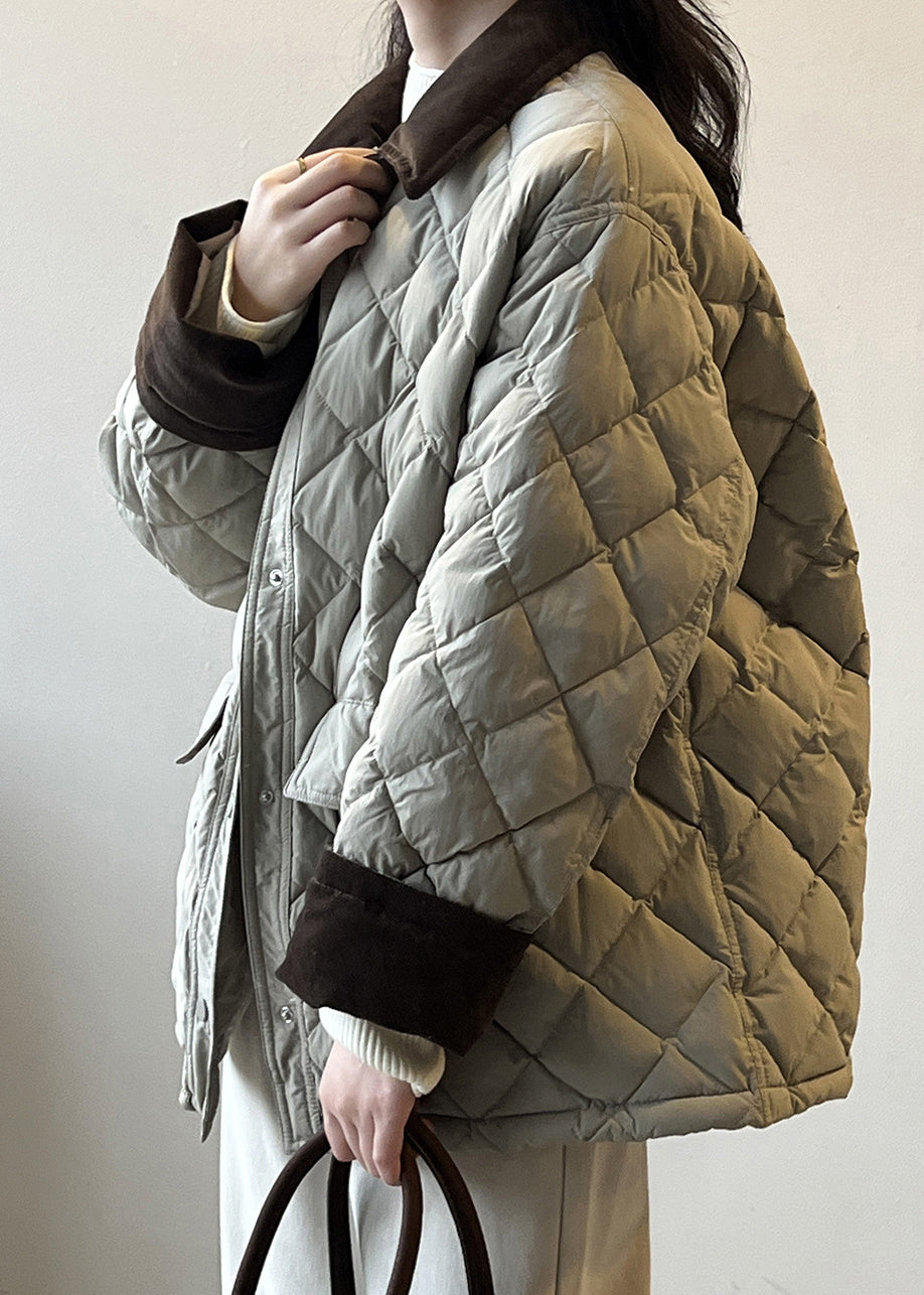 Beautiful Grey Peter Pan Collar Corduroy Duck Down Puffer Jacket Winter AF1060 HS-DJK240914