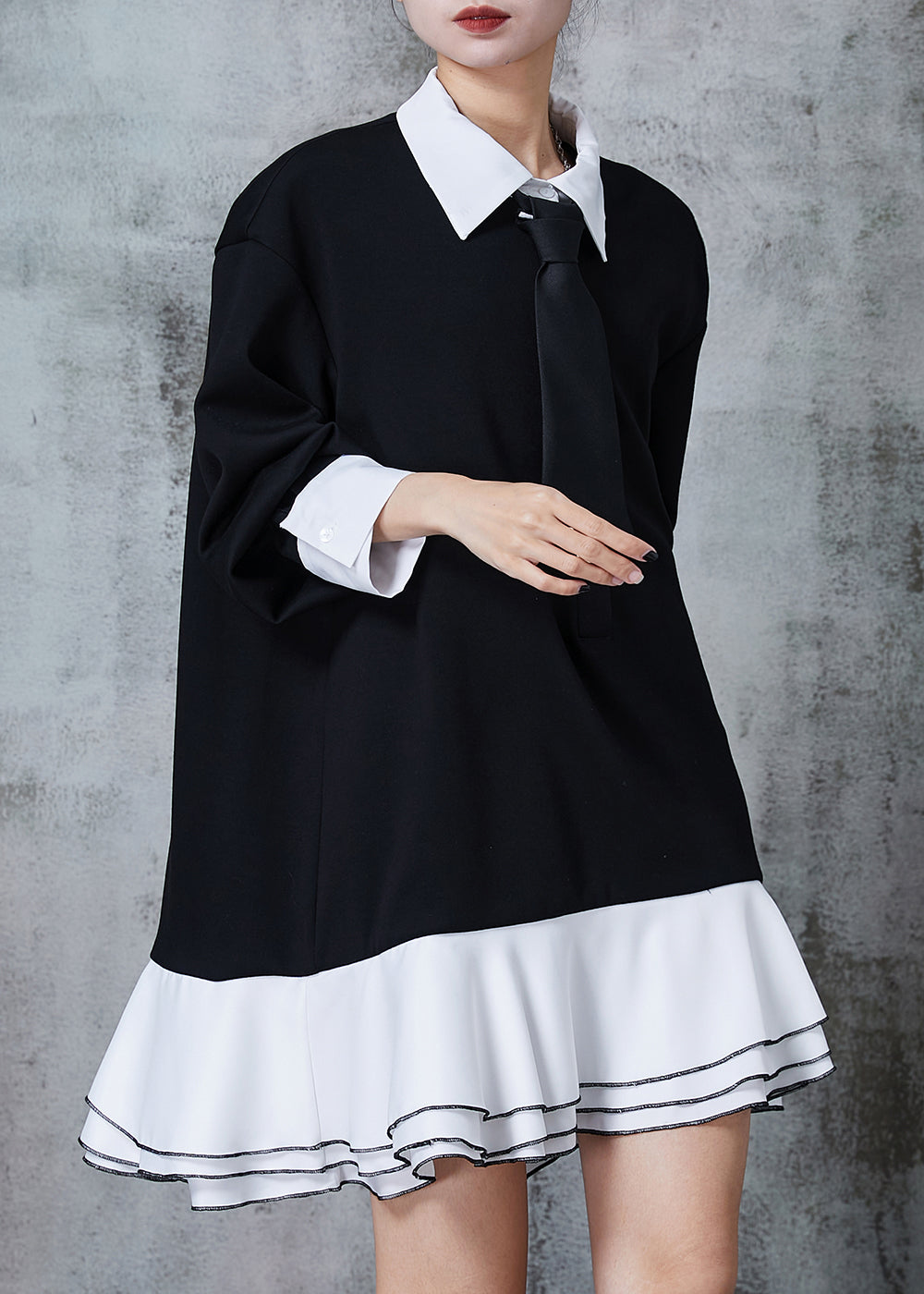 French Black Peter Pan Collar Patchwork Cotton Dress Fall PZGY-FDM240826