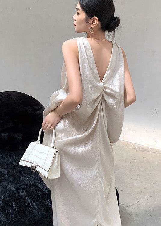French Beige V Neck Wrinkled Silk Long Dress Sleeveless EE024 shopify