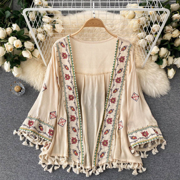 Bohemian White Embroidered Three-quarter sleeves Splicing Tassel Cardigan AR1023 shopify