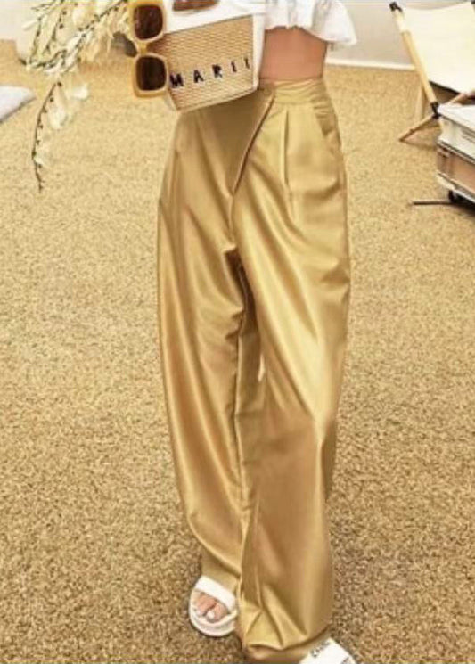 New Gold Button Pockets High Waist Silk Pants Summer QP001 OL-LPTS241001