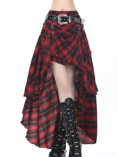 Waist Design High-low with Red Plaid Rock Belt Skirt Punk FashionChic