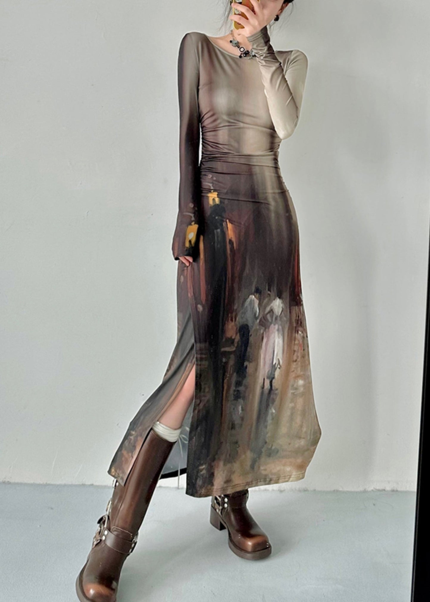 French Retro Oil Painting Printed Side Open Dress Autumn AN1012 Genistyle Shop