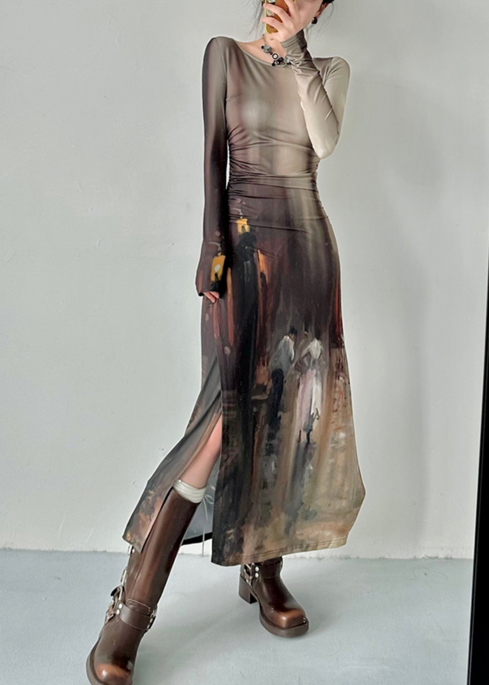 French Retro Oil Painting Printed Side Open Dress Autumn AN1012 Genistyle Shop