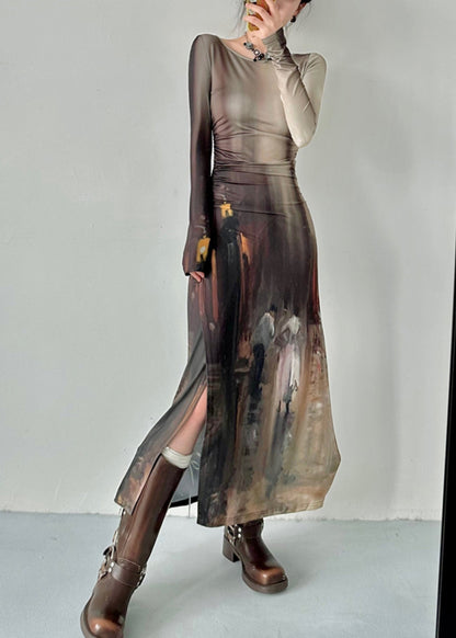 French Retro Oil Painting Printed Side Open Dress Autumn AN1012 Genistyle Shop