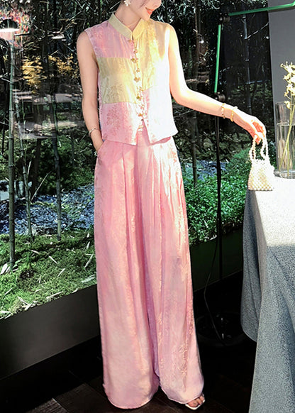 French Pink Button Waistcoat And Wide Leg Pants Silk Two Piece Set Sleeveless QP041 OL-TPIEC241001