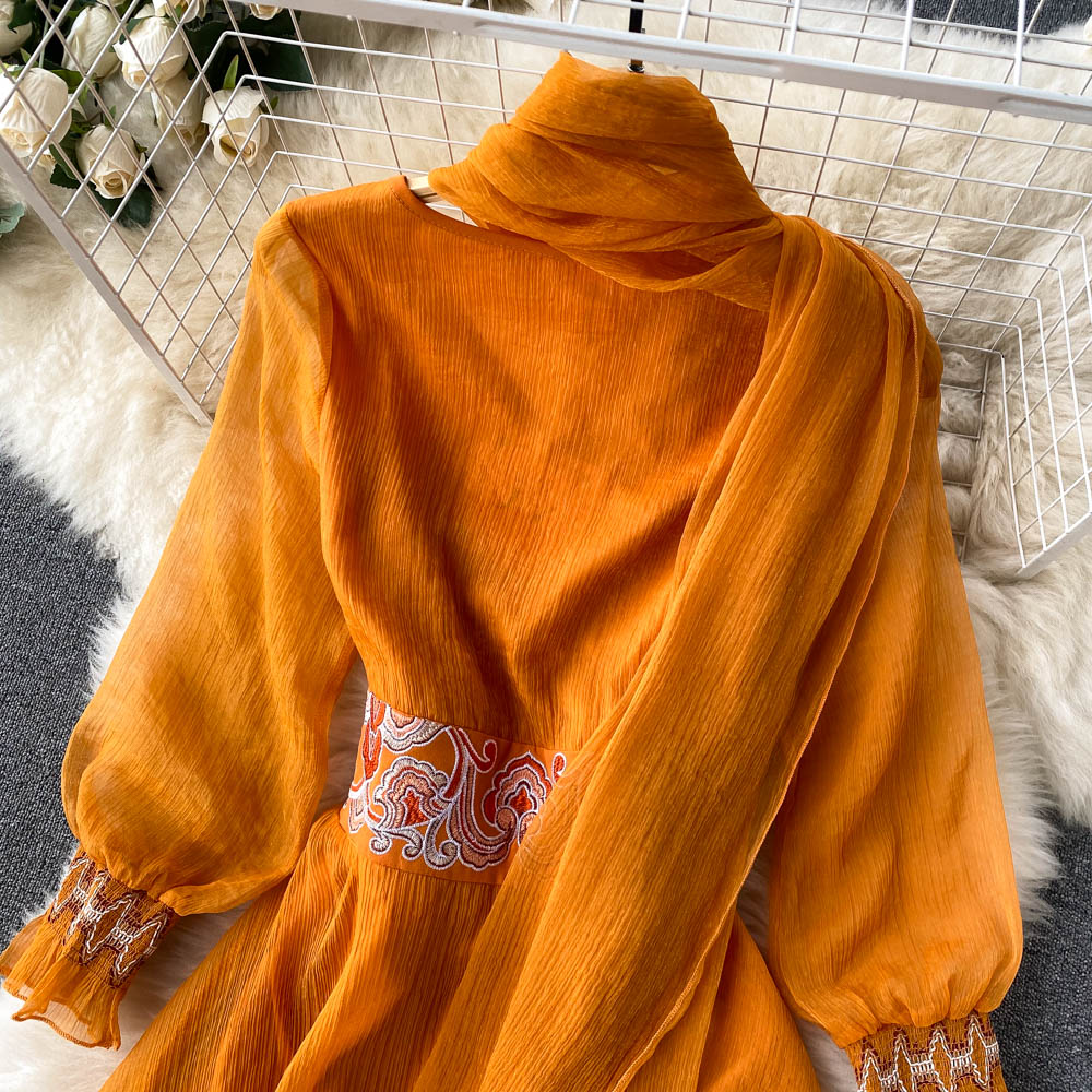 Retro Orange V Neck Splicing Embroidered Waistband Lantern Sleeve Dress AR1013 shopify