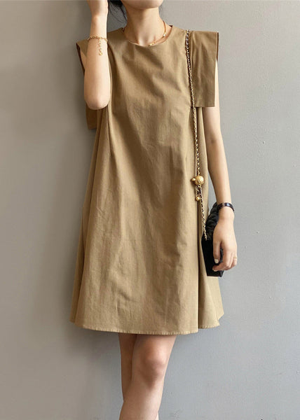 Day Khaki Cotton Elegant Sleeveless Dress O-Neck FashionChic