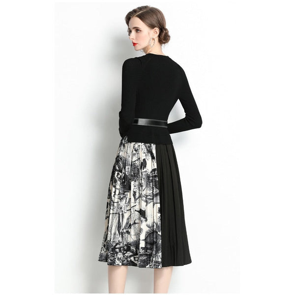 Women Black O-neck Belt Patchwork Floral Print Pleated Hem Long Sleeve Knit Dress AR1001 shopify