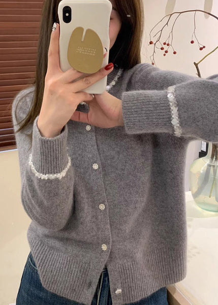 French Blue O Neck Handmade Nail Bead Knit Cardigan Fall QC039 shopify