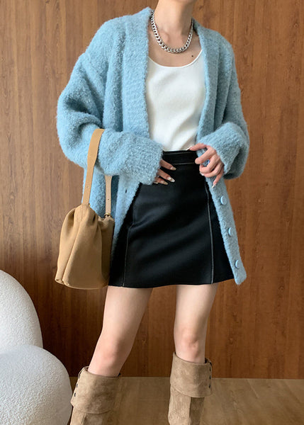 Plus Size Blue V Neck Button Woolen Cardigans Fall WD005 HS-NCT241103