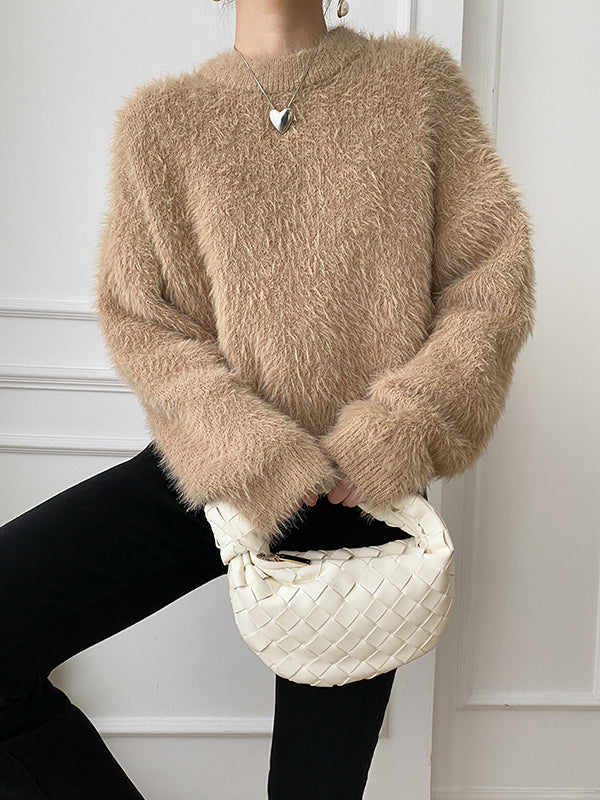 Simple Loose Coffee Round-Neck Long Sleeve Mohair Knit Top AN1062 Genistyle Shop