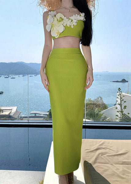 Chic Green Tank Cotton Floral Skirts And Side Set Two-Piece Open FashionChic