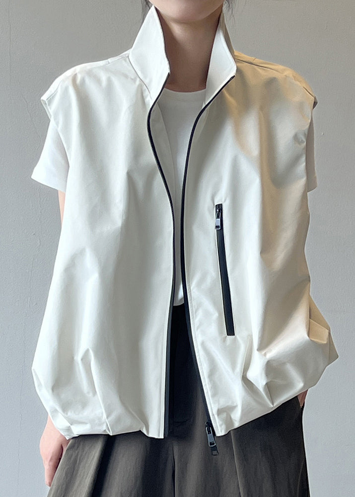 Boutique Khaki Stand Collar Zip Up Wrinkled Vest Sleeveless WD018 HS-VTP241103